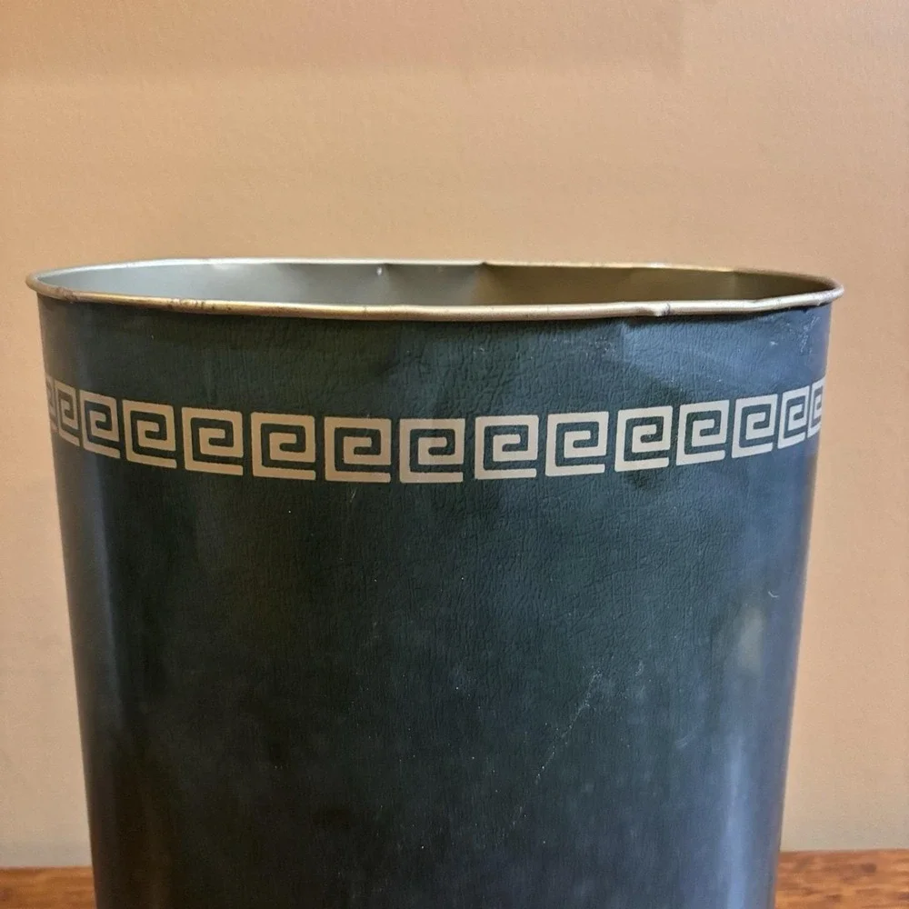 Vintage Cheinco Metal Wastebasket Greek Key Black Gold Mid Century Trash Can